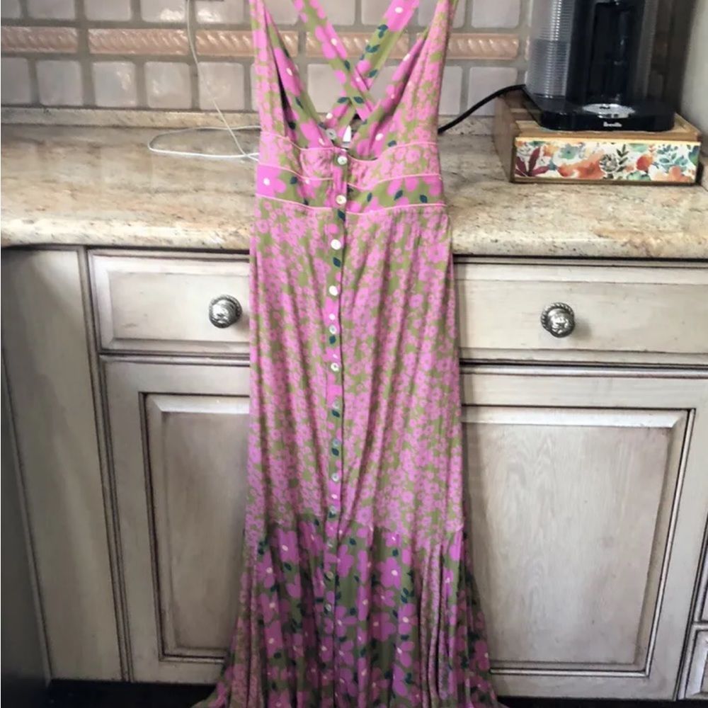 Free People Dewberry Floral Maxi Dress Printed Button Back CrossStrap Pink Olive - Picture 2 of 5
